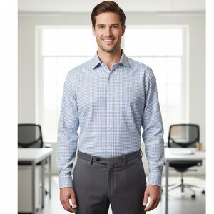 Van Heusen Plaid Dress Shirt Button Up Long Sleeve White Blue Office L NEW Gift